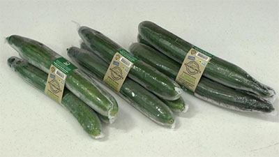 Three banded bundles of three cucumbers, each individually wrapped in plastic to preserve freshness and unitized into a 3 pack with a printed ultrasonic band.
