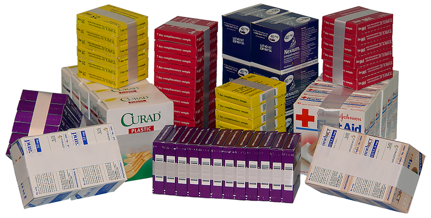 Banded boxes of bandages from different brands.