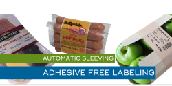 Photo depicting apples, hot dogs, and a meat package labeled with adhesive free technology. 