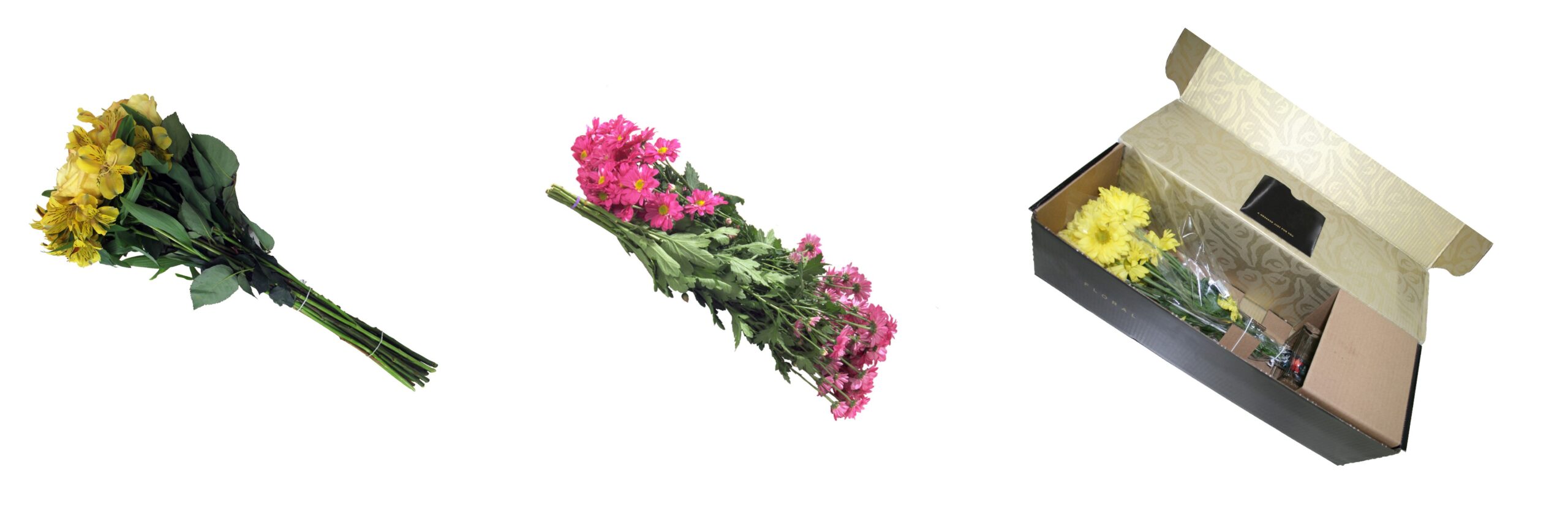 bunched, packaged flower bouquets
