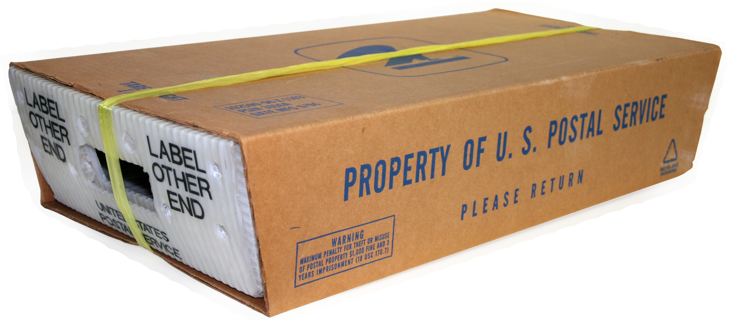 mail tray tied with USPS-approved material