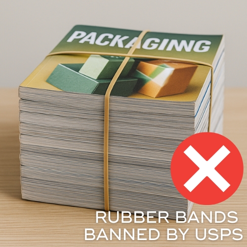 Mailing Flats with Rubber Bands Banned by USPS – Felins Packaging A stack of 15-20 magazines bundled together by rubber bands have a large red X over it with text that reads: Rubber Bands Banned by USPS