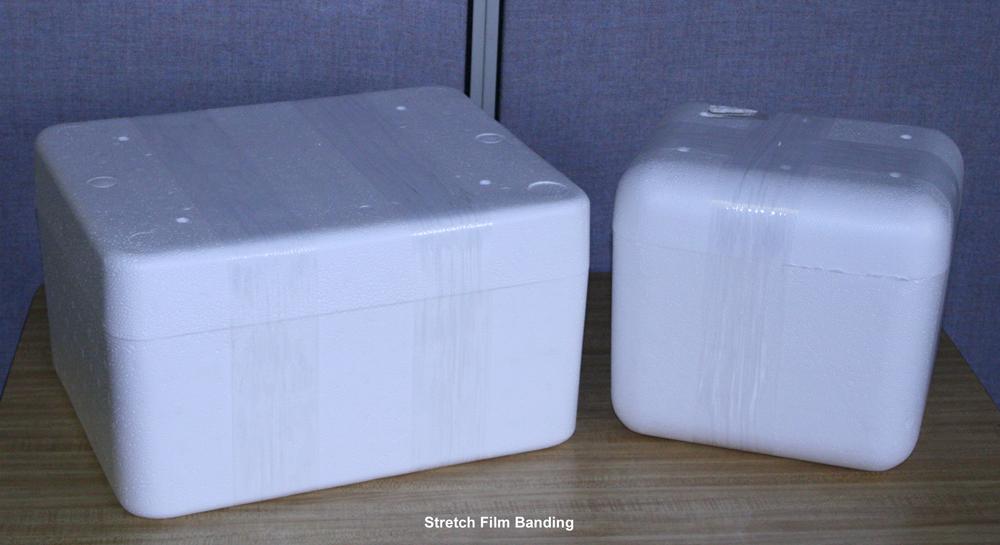 Styrofoam Coolers, Stretch Film Banding, unitizing, multipacking, bundling
