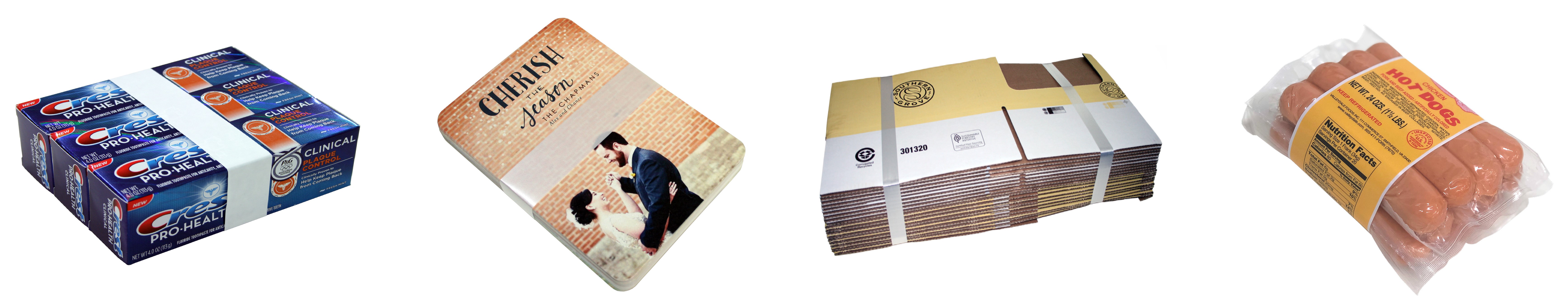 banded pharmaceutical, corrugated, printed and food products
