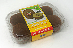 A plastic clamshell package of kiwi with an adhesive free ultrasonic sleeve.