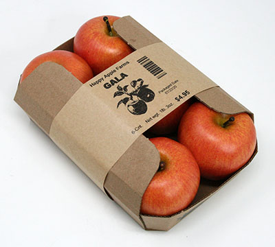 A paper banded tray of six Gala apples differentiates these products from others and minimizes the use of plastic films.