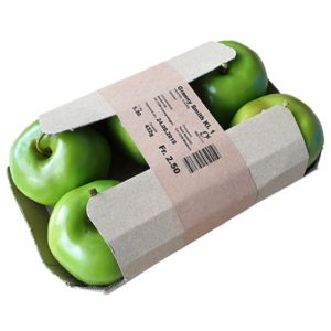 Six Granny Smith apples banded and labeled in a paper tray.