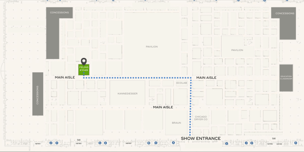 A dotted line shows the path to the Felins Packaging Booth at the CLEAN 2025 show in Orlando, FL